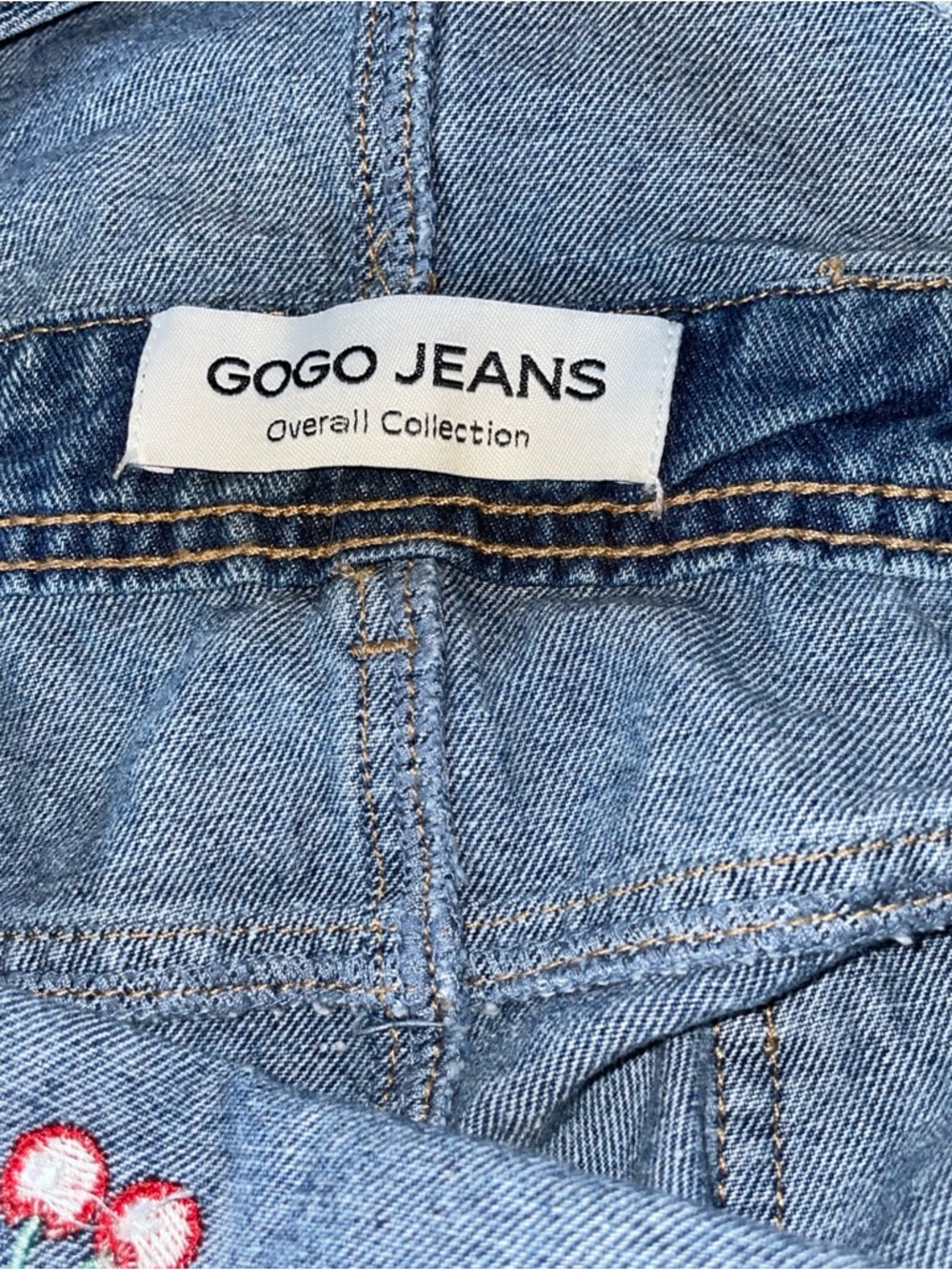 Gogo Jeans Women’s Size Med Blue Denim Overalls With Embroidered Red Cherries - Picture 13 of 16